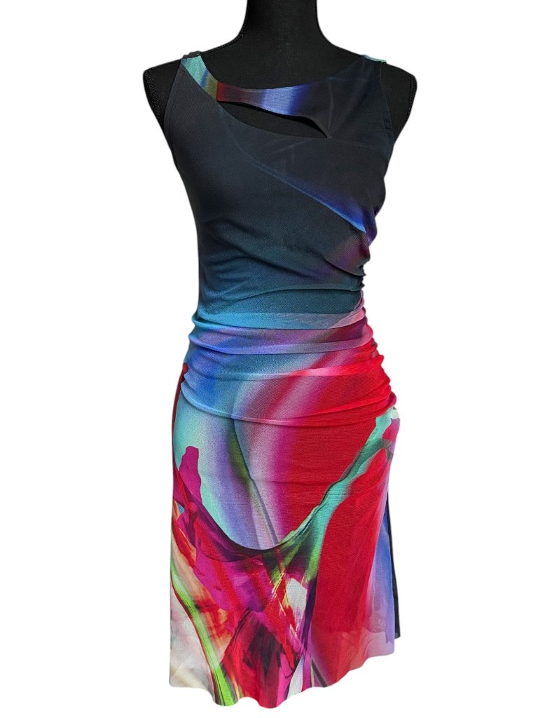 Elana Kattau Mesh / Sheer Sleeveless Dress (Bold Watercolor Print) - Small